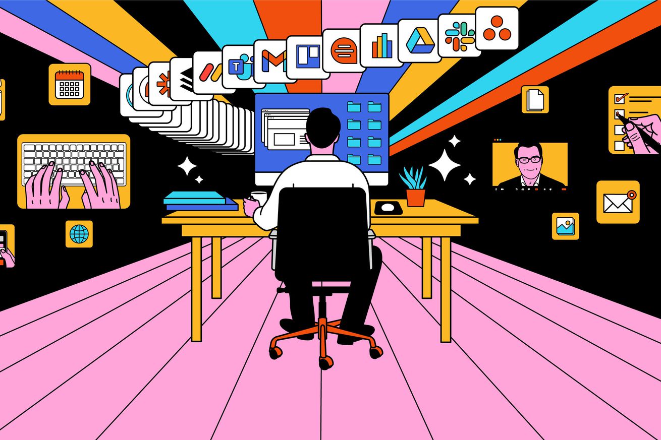 An illustration of a person sitting in front of a computer, surrounded by productivity apps.