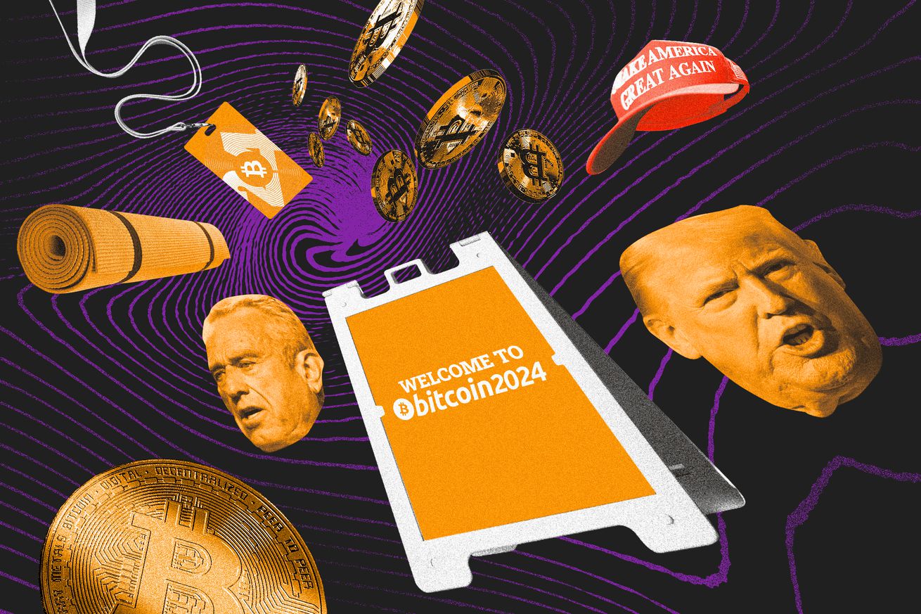Photo illustration of RFK Jr., Donald Trump, and Bitcoin Convention objects getting sucked into a swirling vortex.