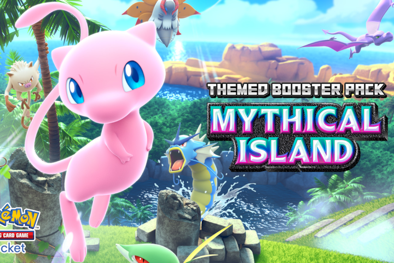 Promo art for Pokémon TCG Pocket’s Mythical Island expansion depicting a pink cat-like creature flying in the sky above an island.