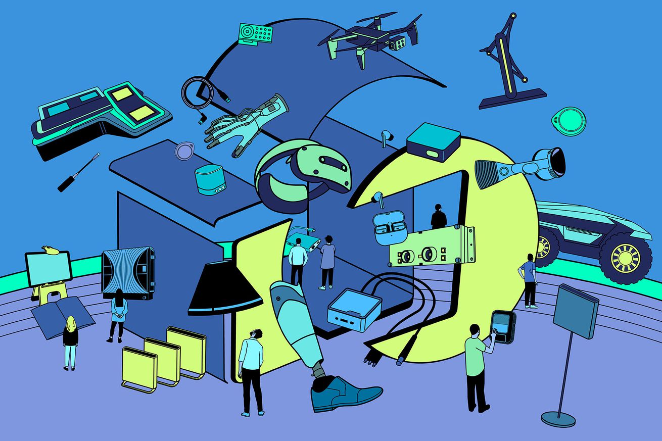 Vector illustration of CES logo in 3D surrouned by gadgets and onlookers.