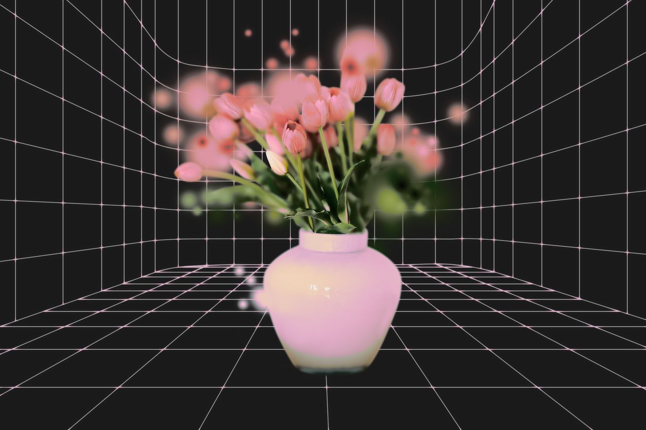 Digital photo illustration of Gaussian splats creating a bouquet of tulips in a 3D space.